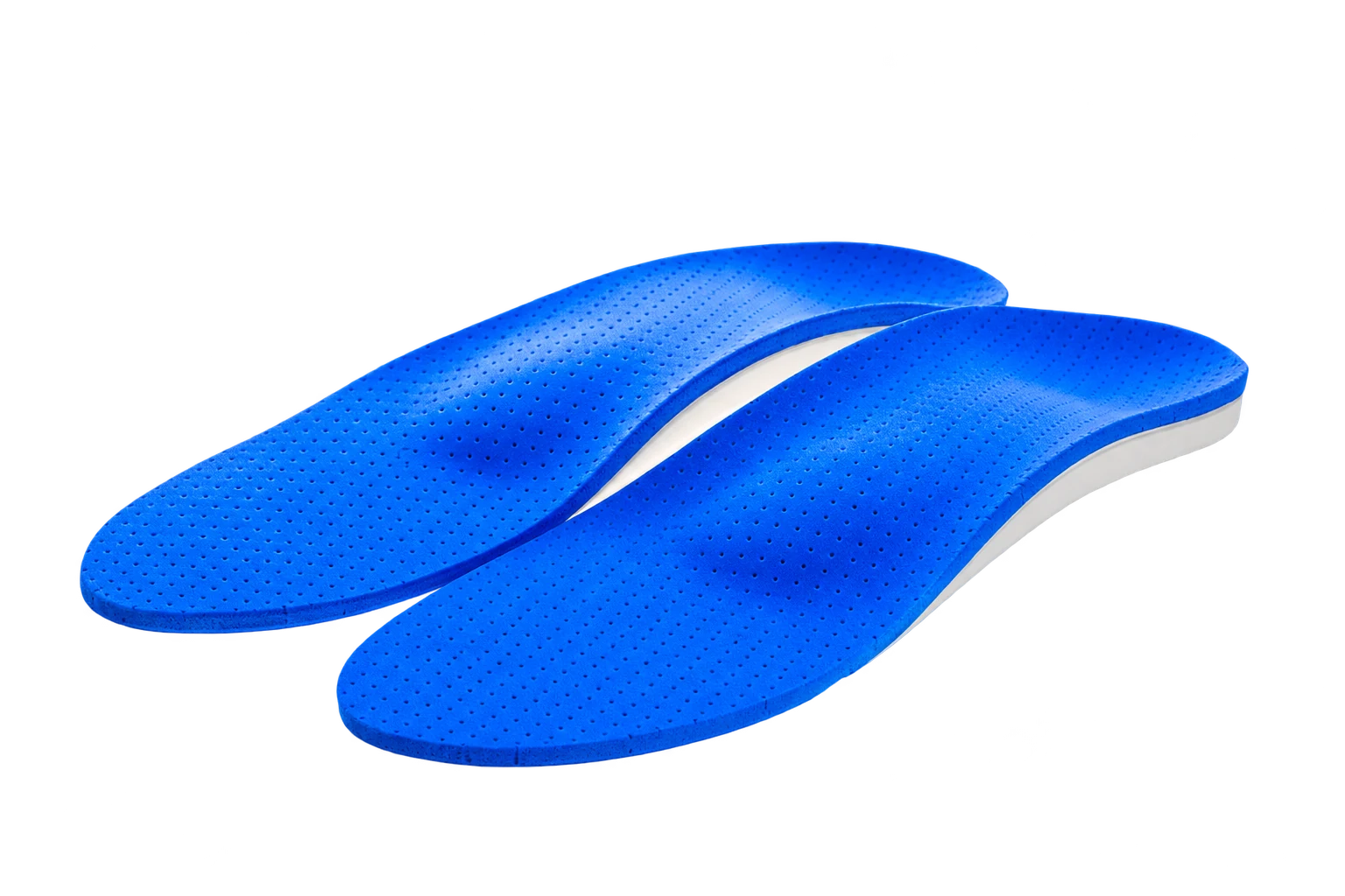 A pair of blue custom orthotic insoles